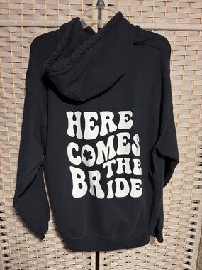 Bridal Black Hoodie with "Here Comes The Bride" White Graphic